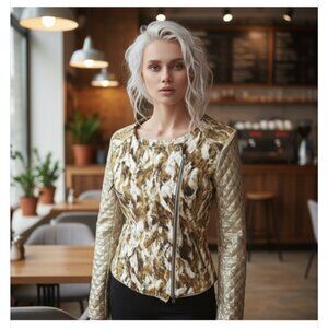 WLG by Giorgio Brato Gold and White Moto Jacket Sequin Sleeves Size XS/S